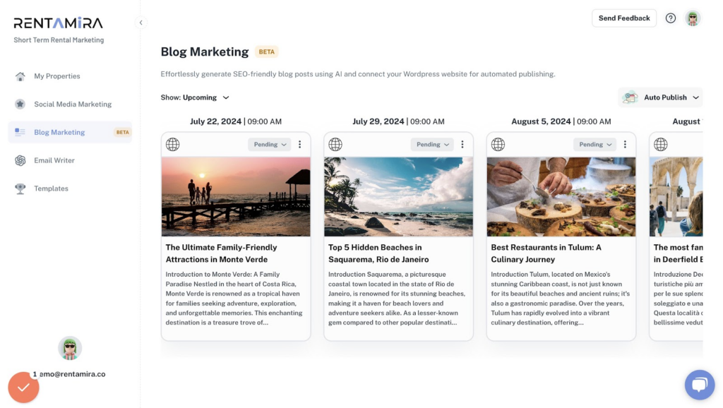 How to connect Rentamira to WordPress 13 Go back to Rentamira Blog Marketing page and Click on "Auto Publish".