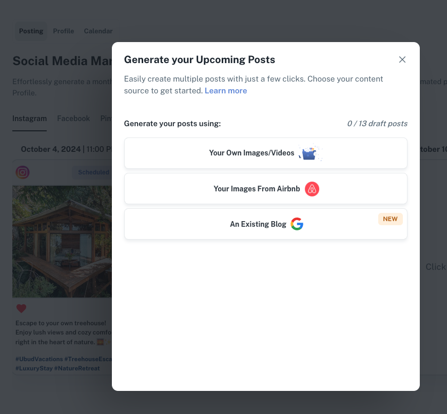 What if I don't have my own images or videos ready? 1 generate upcoming post rentamira
